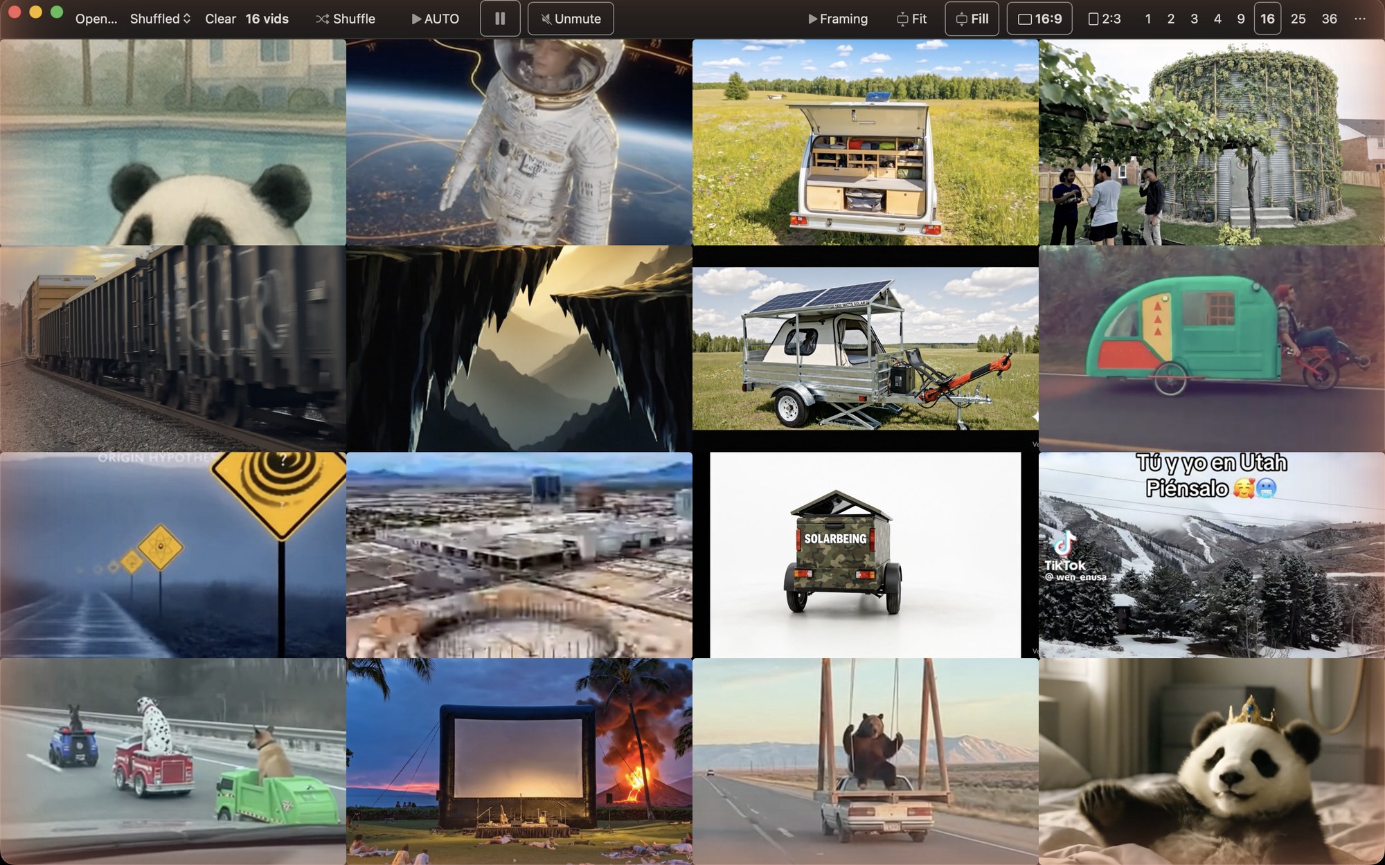 VideoBuffet on macOS playing sixteen local video clips at once in a 4×4 grid, with a control bar for Shuffle, AUTO, Framing, Fit/Fill aspect, and grid size from 1 to 36 tiles.