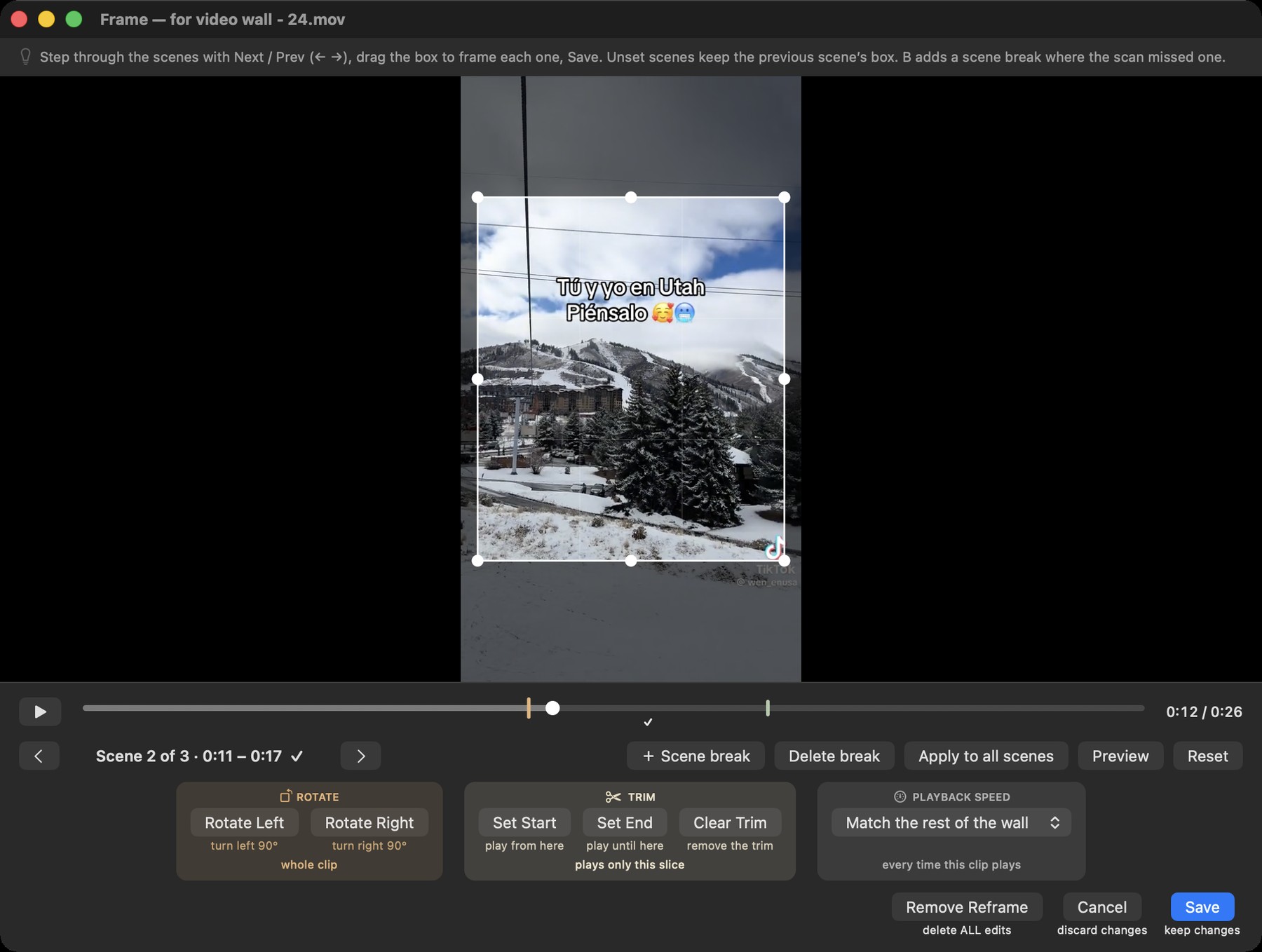VideoBuffet's Frame window: a scene stepper reading Scene 2 of 3, a crop box with handles over the current scene, scene-change markers and a checkmark on the scrubber, plus Scene break, Delete break, Apply to all scenes, Preview and Reset, Rotate, Trim, a per-clip playback-speed menu, and Save, Cancel, and Remove Reframe buttons.