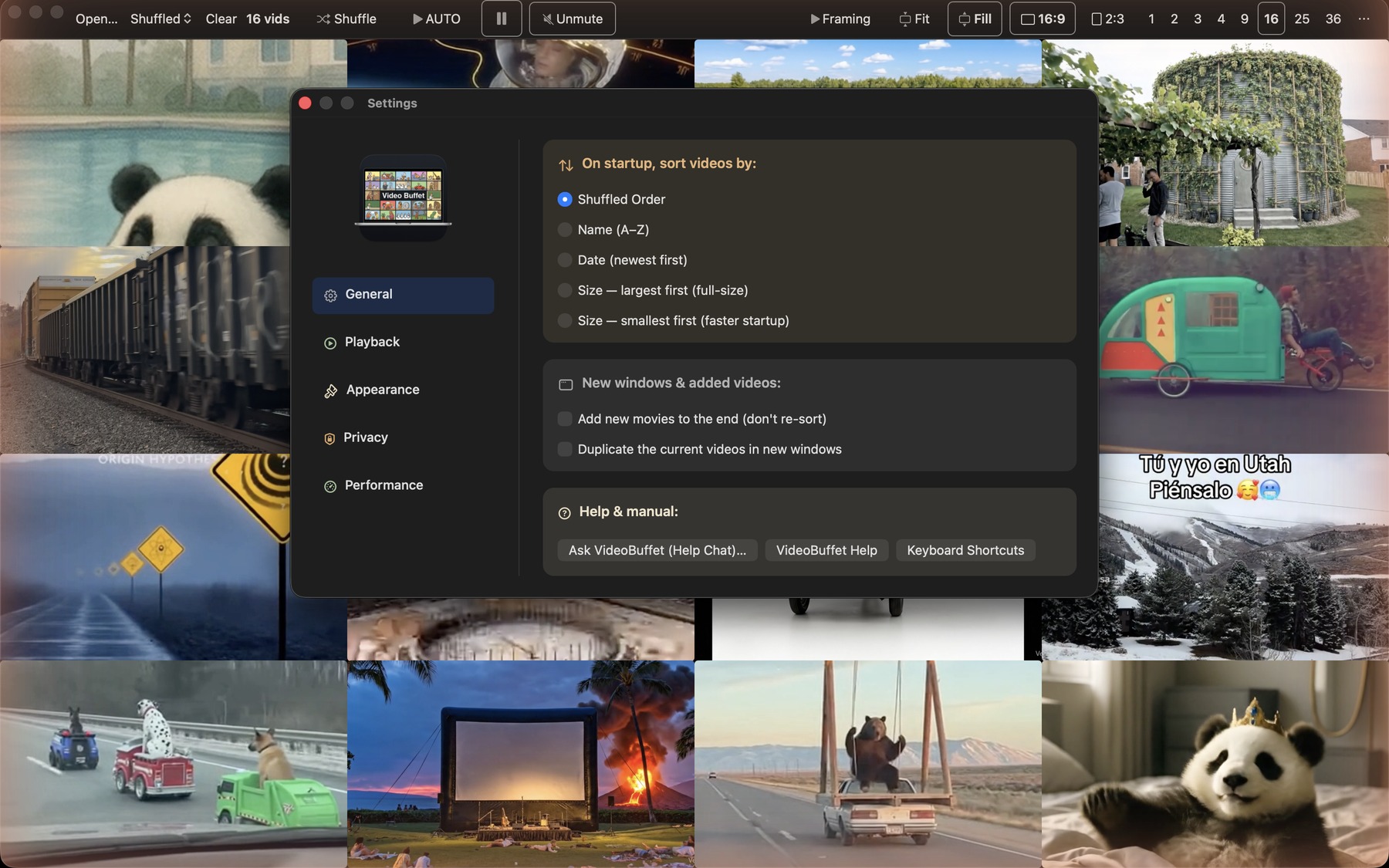 VideoBuffet Settings window showing General, Playback, Appearance, Privacy, and Performance sections, with startup-sort options and new-window behavior.