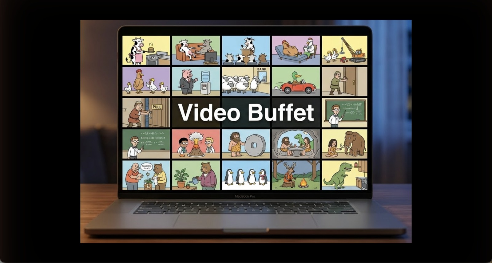VideoBuffet — the “Video Buffet” opening screen: a grid of hand-illustrated panels shown on a MacBook Pro.